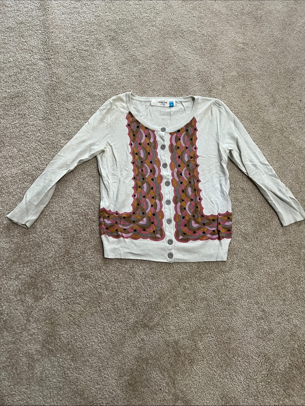 Anthropologie Cream Cardigan with Pink and Brown Scallop Paneling